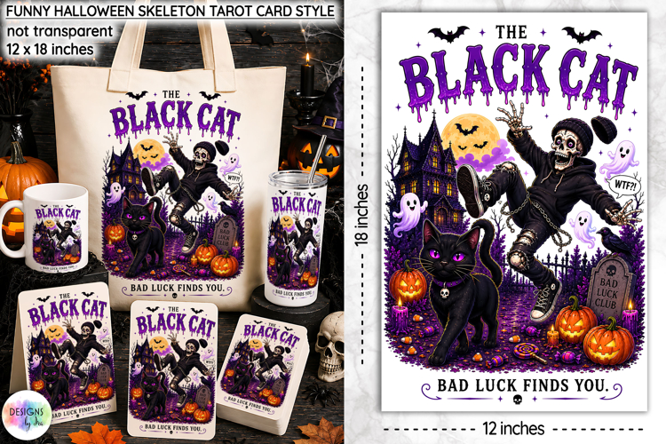 Funny Halloween Tarot Card, Funny Black Cat Skeleton PNG