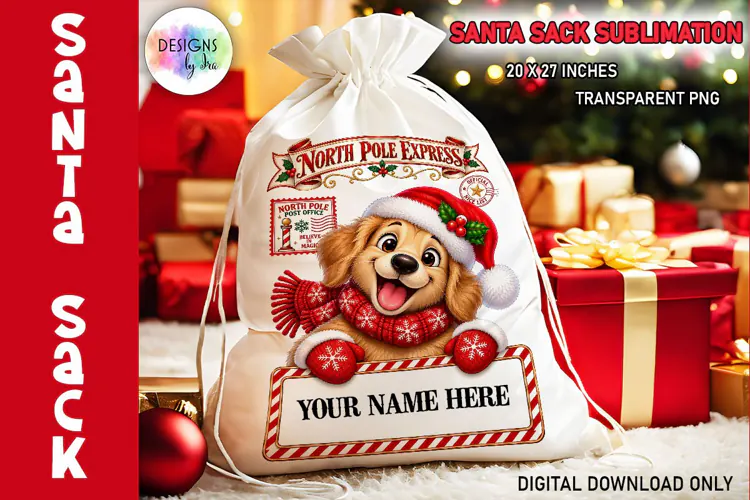 Christmas Dog Santa Sack Sublimation PNG