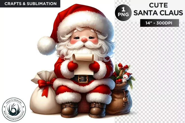 Cute Santa claus reading list PNG clipart for sublimation