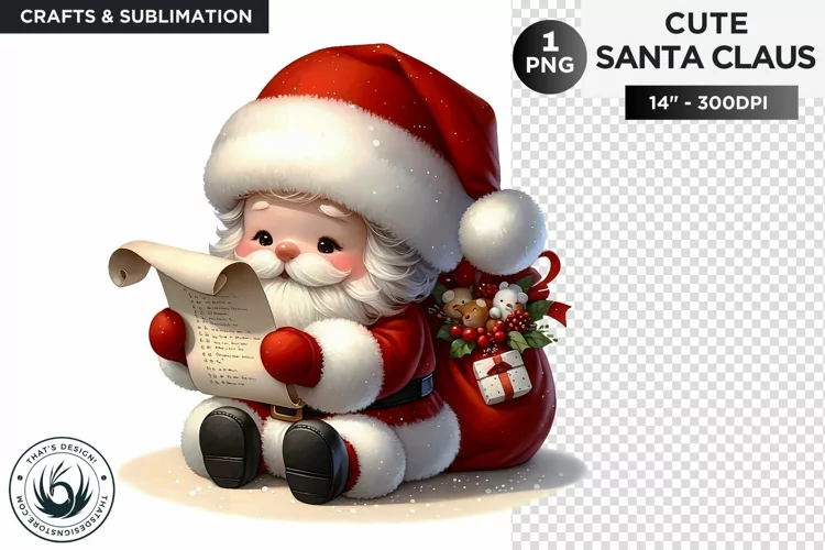Cute Santa claus reading list PNG clipart for sublimation