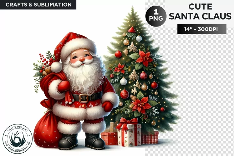 Cute Santa claus with christmas tree PNG for sublimation