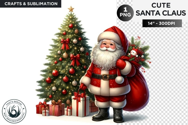 Cute Santa claus with christmas tree PNG for sublimation example image 1