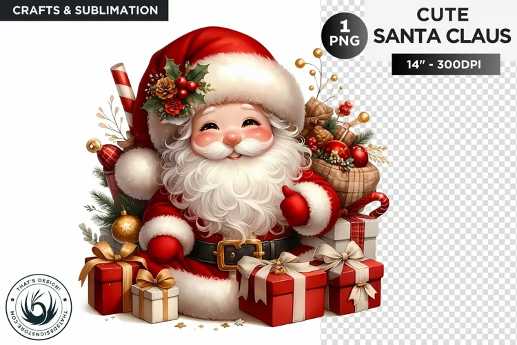 Cute Santa claus with gifts Christmas PNG sublimation design