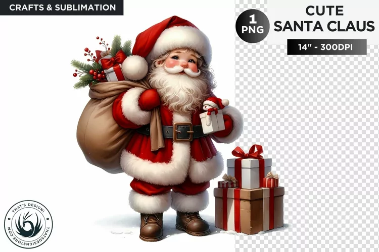 Cute Santa claus with gifts bag Christmas PNG sublimation