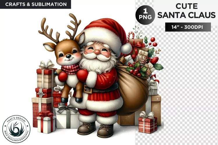 Cute Santa claus with reindeer & gifts Christmas PNG clipart