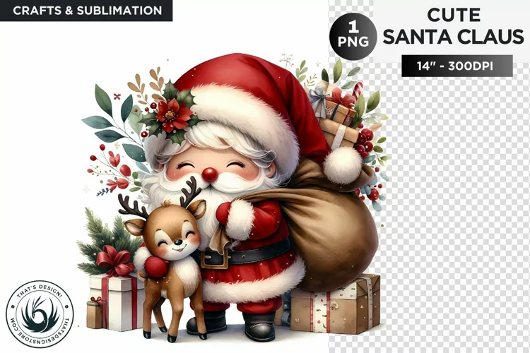 Cute Santa claus with reindeer & gifts Christmas PNG clipart