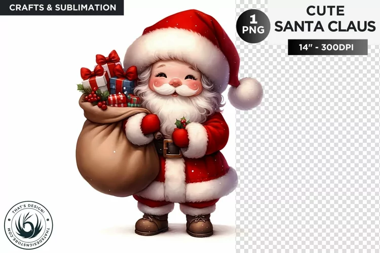 Cute Santa claus with gifts bag Christmas PNG sublimation