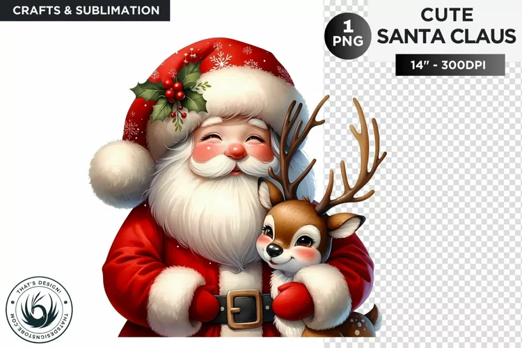 Cute Santa claus with reindeer Christmas PNG for sublimation