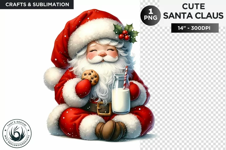 Cute Santa claus eating cookies and milk PNG for sublimation