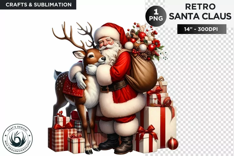 Emotional Santa claus with his reindeer Christmas PNG
