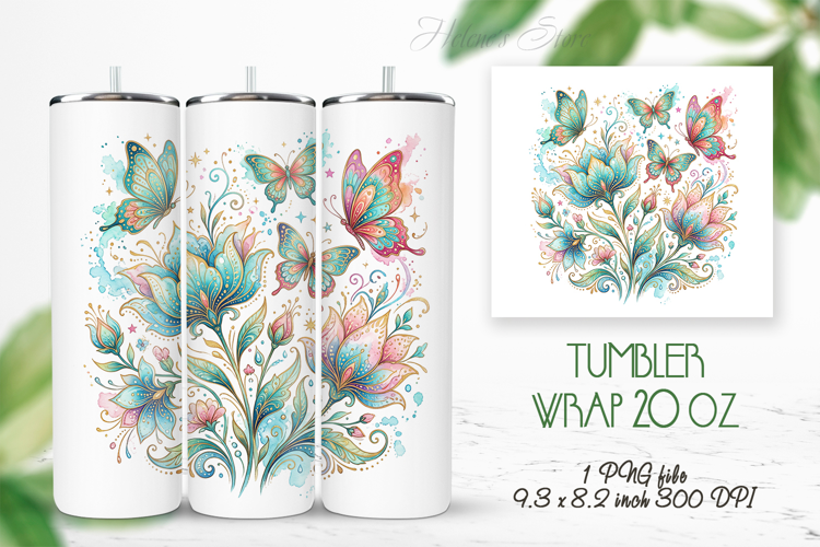 Fantasy floral meadow straight tumbler 20oz wrap design png