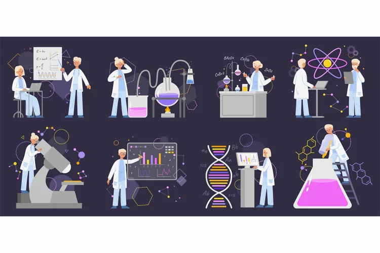 Scientist research, chemistry lab experiment, science worker