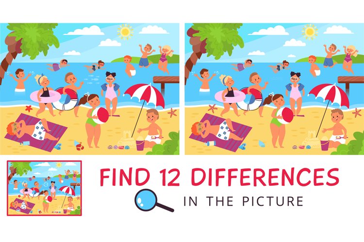 Find difference. 12 differences in picture with happy kids o example image 1