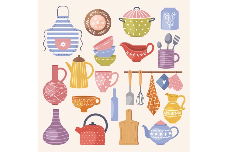 Decorative kitchen cookware. Dishes jug cups spoons plates f example image 1