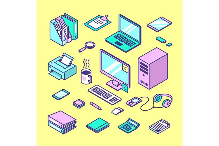 Isometric office workspace. Manager objects, colorful trendy example image 1