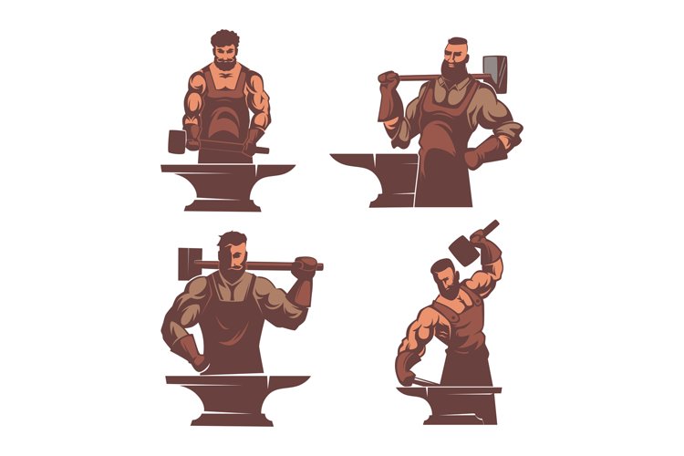 Blacksmith characters. Strong man worker with big steel hamm example image 1