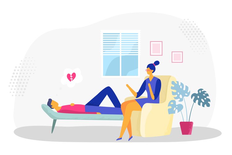 Psychotherapy session. Man lying on sofa in depression with example image 1