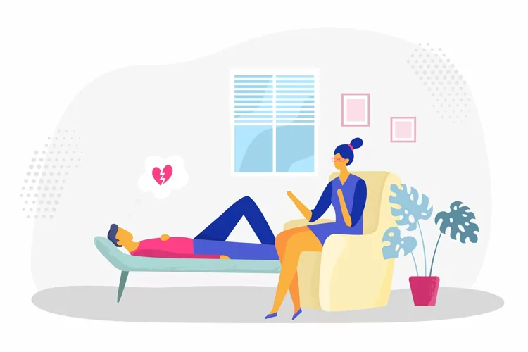 Psychotherapy session. Man lying on sofa in depression with