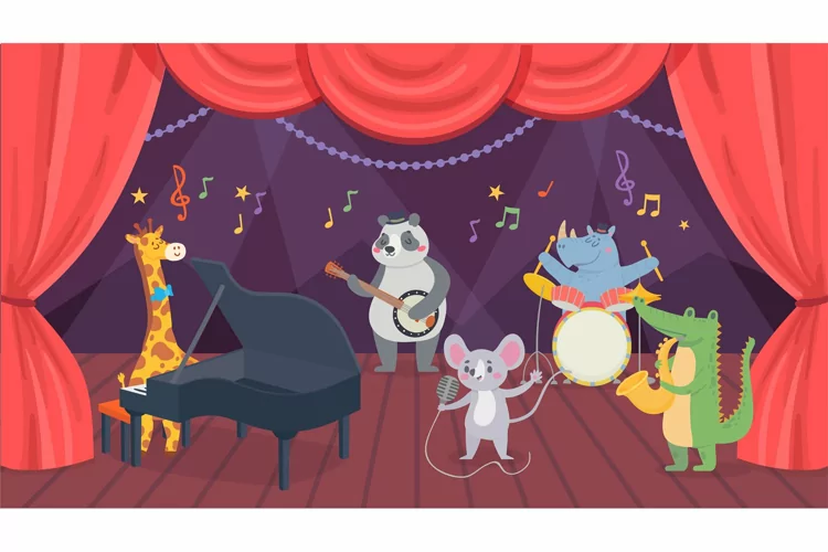 Animal musicians characters on theatre stage. Giraffe, rhino