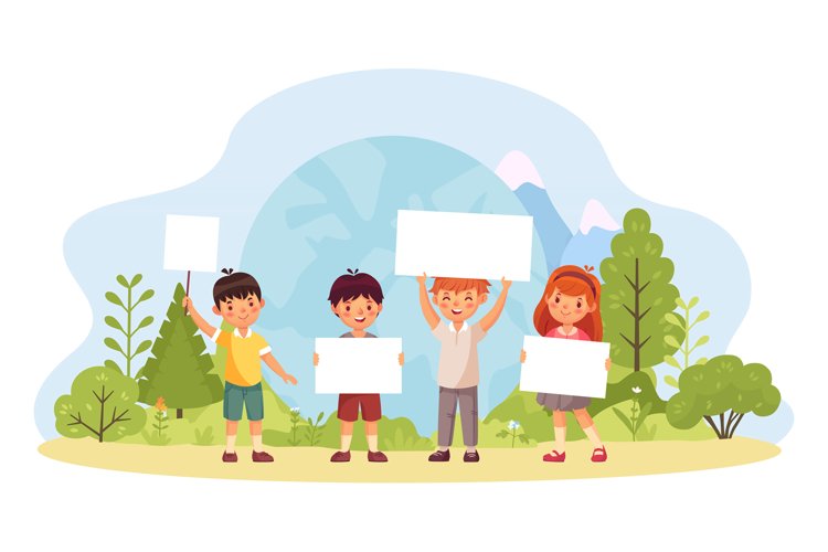 Kids with save planet banners in green forest example image 1