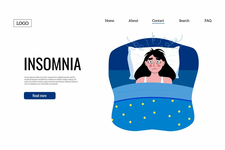 Insomnia landing. Web page template with awake girl characte