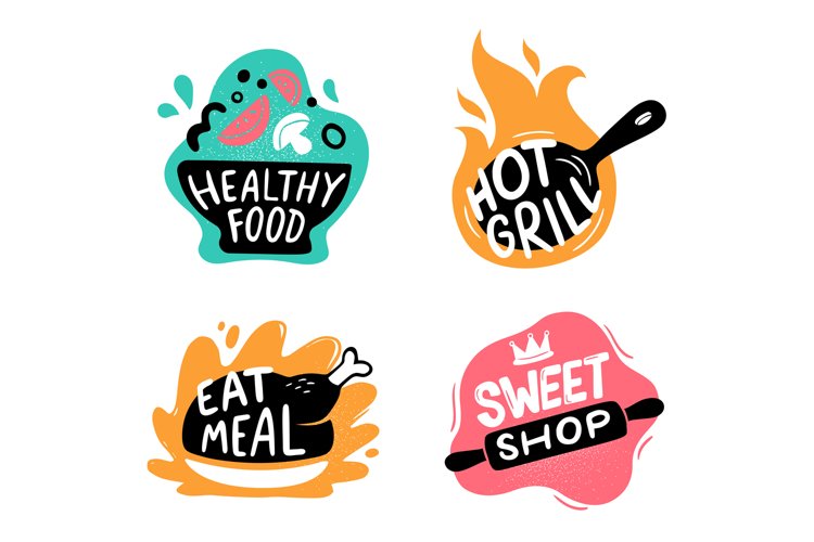 Food menu logotype. Cooking labels with kitchen utensils and