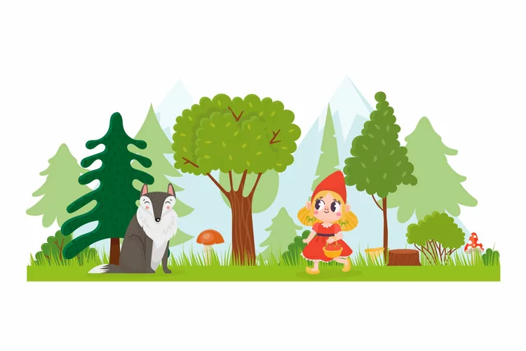 Little Red Riding Hood. Girl walking with basket in forest.