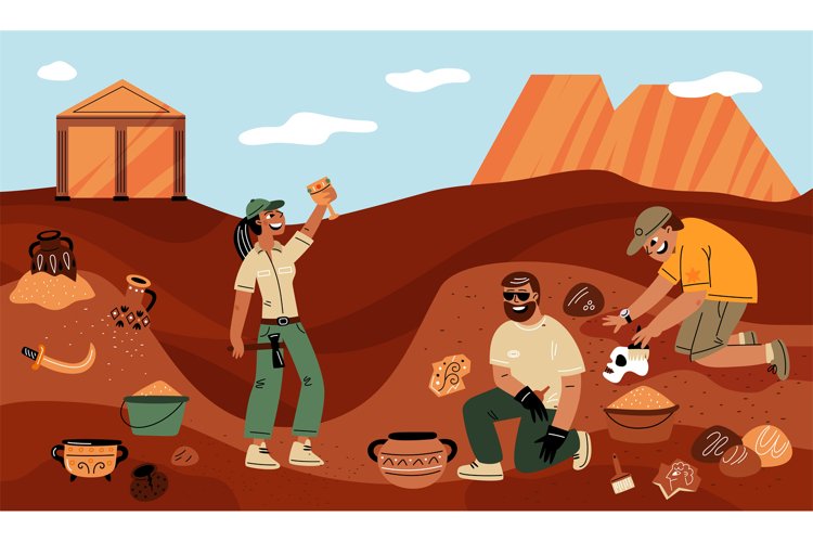 Archaeological excavations. Funny archaeologist characters w example image 1