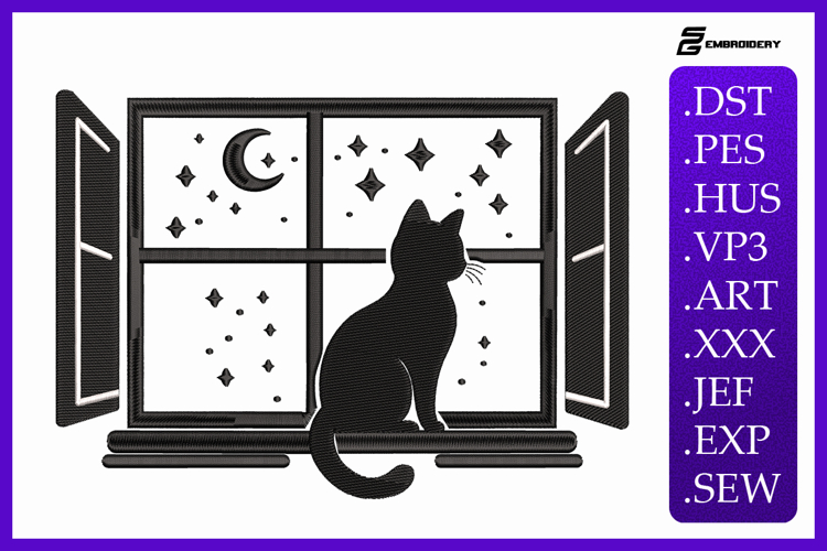 Window Cat Silhouette Halloween Embroidery Design