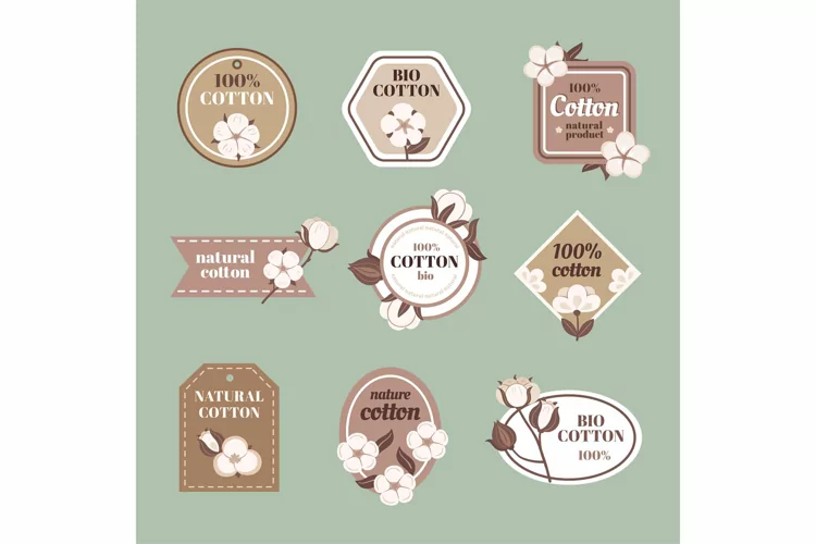 Cotton emblem. Natural textile badge with flowers, 100_ cott