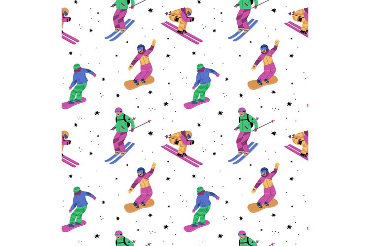 Seamless winter sports pattern. Snowboarders or skiers on sn example image 1