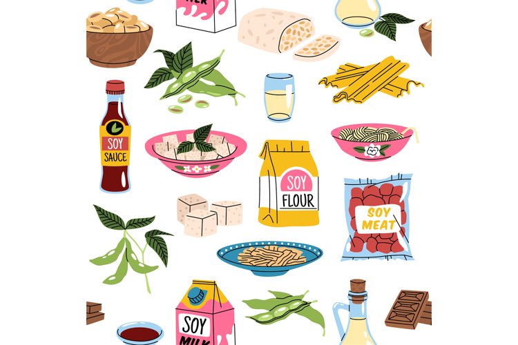 Soy products seamless pattern. Repeated soybean food, cartoo example image 1