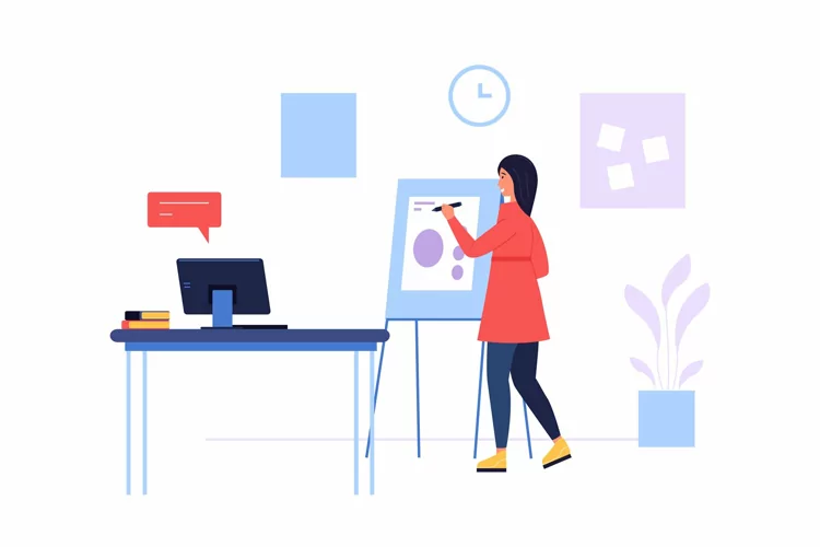 Online course. Woman giving lecture in internet, writing on