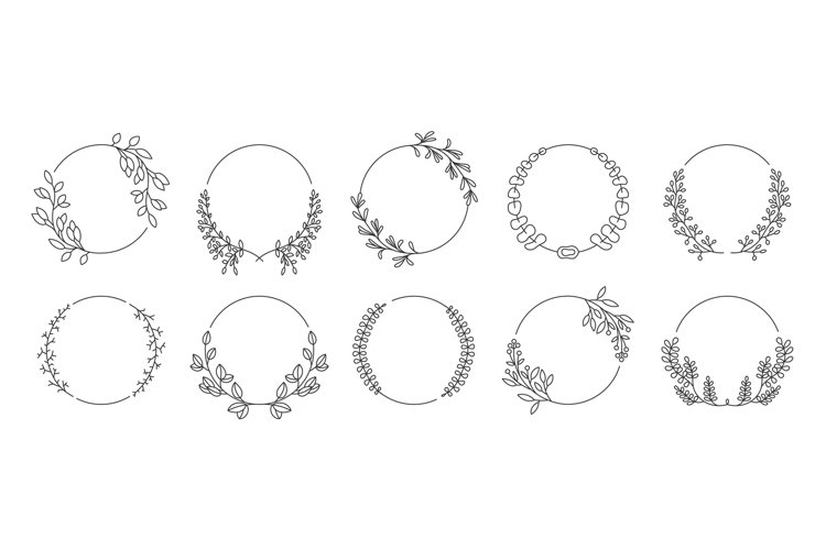 Round decorative floral frames. Line sketch of laurel branch example image 1
