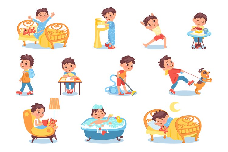 Cartoon Boy Character Daily Routine Everyday Activities Fr