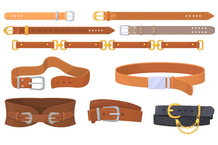 Leather straps. Cartoon belts with unbutton metal buckles, example image 1