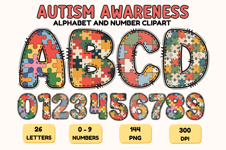 Autism Awareness Doodle Letters Puzzle Piece Alphabet PNG