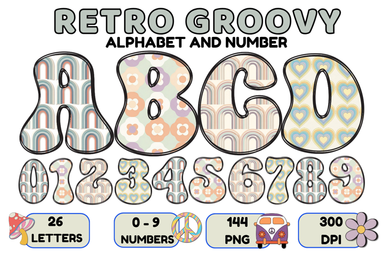 Retro Groovy Alphabert PNG 70s Numbers & Letters 300 DPI