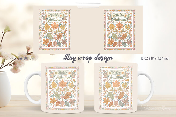 Hello Autumn leaves pattern mug wrap design | Folk farmhouse example image 1