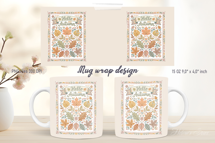 Hello Autumn leaves pattern mug wrap design | Folk farmhouse