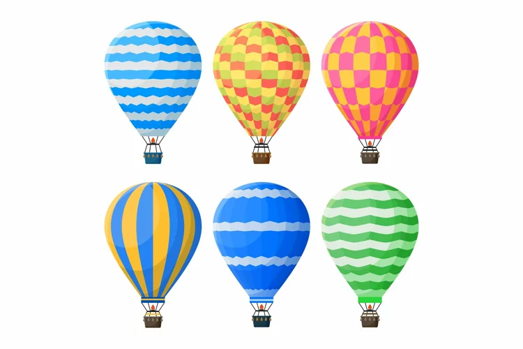 Hot air balloons, colorful flying vintage airships. Sky vehi