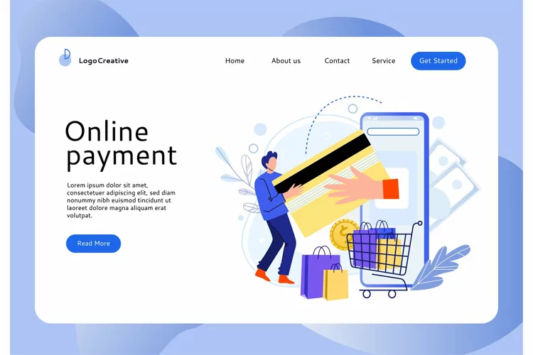 Online shopping landing page. Man doing payment with credit