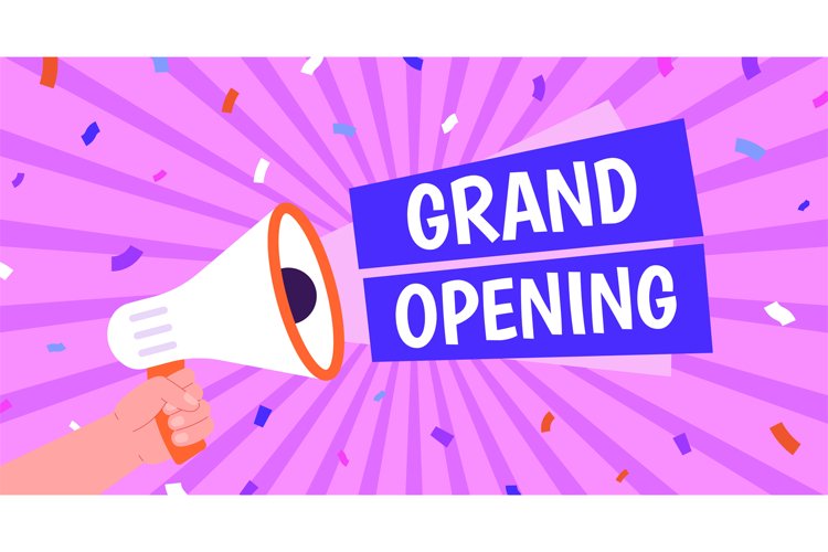 Poster grand opening, confetti and megaphone with announceme