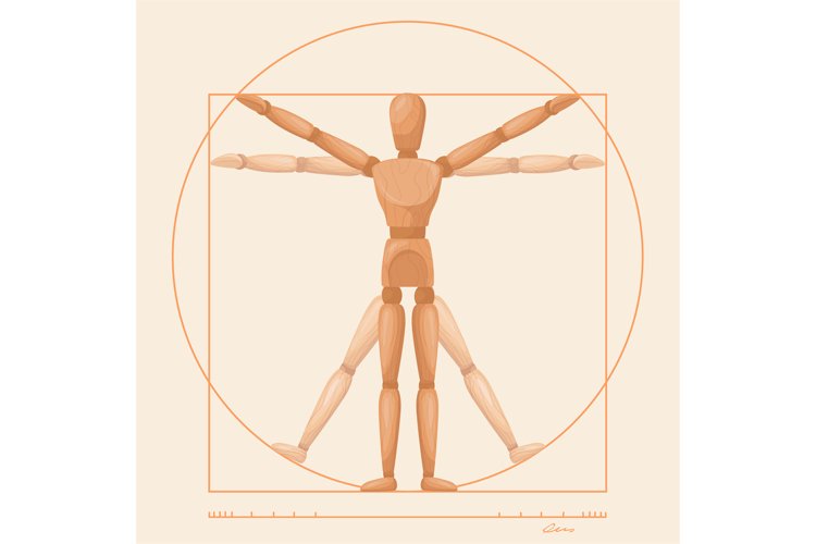 Vitruvian mannequin. Wooden sculpture leonardo da vinci, do