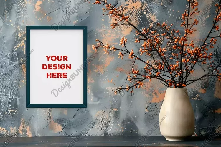 Frame mockup on grunge industrial wall with vase and flowers