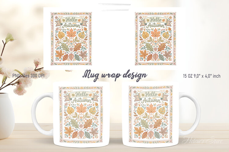 Hello Autumn leaves pattern mug wrap design | Folk farmhouse example image 1