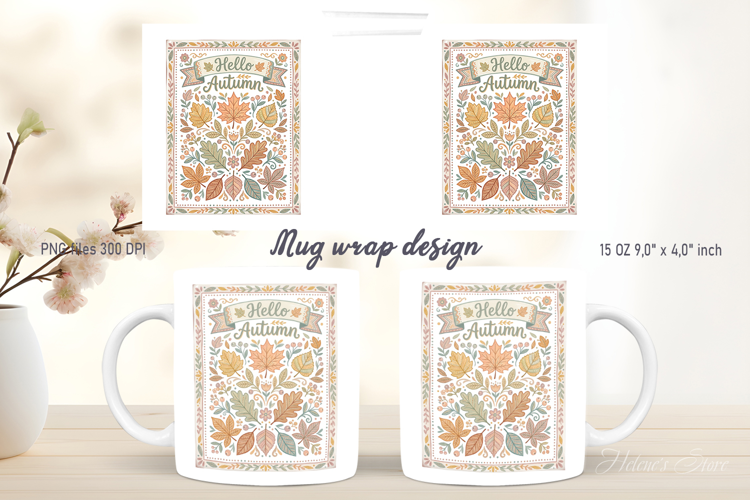Hello Autumn leaves pattern mug wrap design | Folk farmhouse