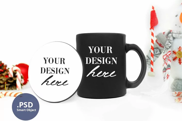 Black Mug & Coaster Mockup Christmas, Round coaster mockup
