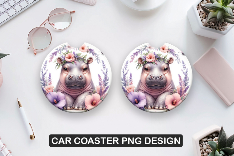 Hippo Car Coaster Sublimation| Animal Coaster PNG