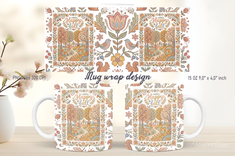 Happy fall forest pattern mug wrap design | Folk farmhouse